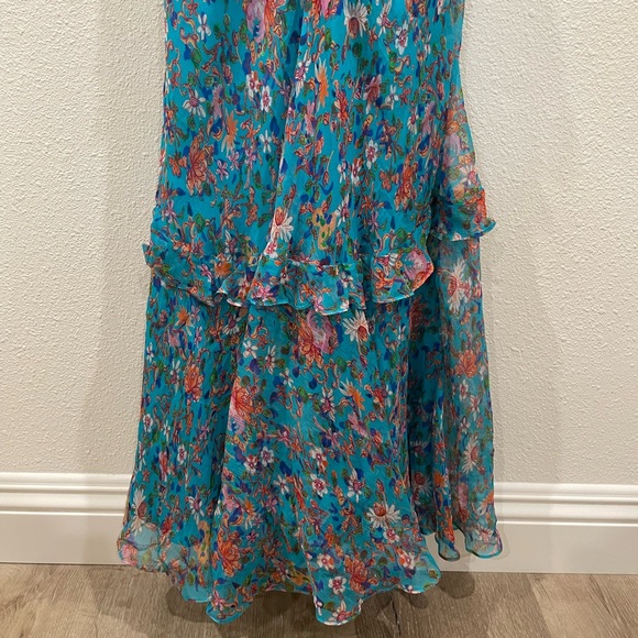 SALONI Rita Ruffle V-Neck Maxi Dress Blue Floral 100% Silk Size 4 - Picture 9 of 10